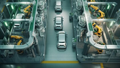 Fototapeta premium Aerial Car Factory 3D Concept Automated Robot Arm Assembly Line Manufacturing Advanced High-Tech Green Energy Electric Vehicles top view