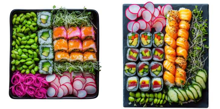 Fresh sushi platter with colorful rolls and vegetables on black tray. Set     