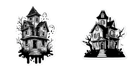 Haunted House Halloween Sticker – Creepy Vector with Thick Black Outline Isolated on Transparent PNG Background
