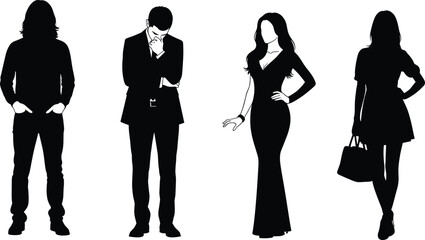 Silhouette vector illustration of four fashionable people in stylish poses for modern fashion, lifestyle, and apparel brand design content