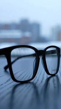 Intricate spreadsheet data reflected in eyeglasses, resting on a desk with a blurred, snowy urban landscape in the background.