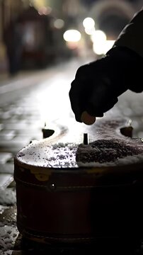 A hand drops a coin into an open instrument case, revealing a few delicate snowflakes resting inside, capturing a winter street performance scene.