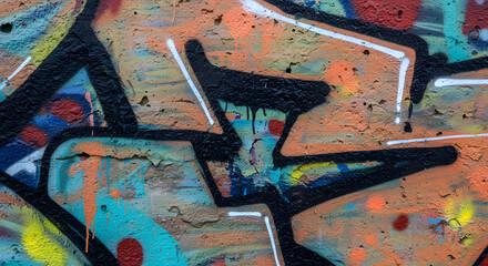 Abstract graffiti art on a textured wall featuring bold black outlines, vibrant splashes of turquoise and orange, and drips conveying spontaneity and raw creativity in an urban setting.
