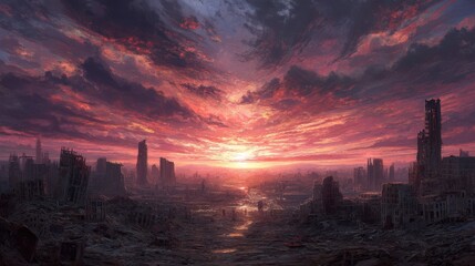 Naklejka premium Apocalyptic Sunset Over a Destroyed Metropolis Landscape