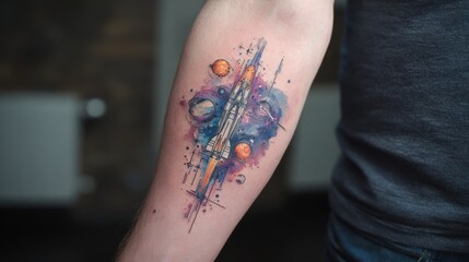 Vibrant watercolor tattoo design on an arm depicting a space-themed scene with planets and a rocket.