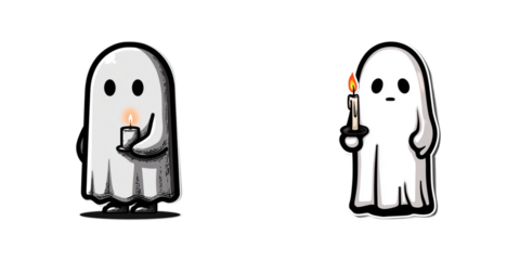 Cute Halloween Ghost Holding Candle Sticker – Creepy Vector with Thick Black Outline Isolated on Transparent PNG Background