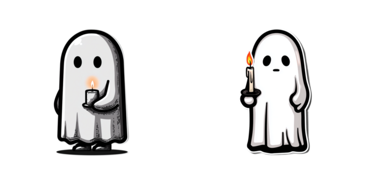 Cute Halloween Ghost Holding Candle Sticker – Creepy Vector with Thick Black Outline Isolated on Transparent PNG Background