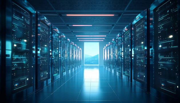 Big data center technology warehouse with servers information digitalization Starts. SAAS, Cloud Computing