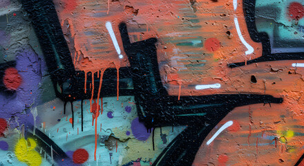 Textured urban wall displays vibrant graffiti art with overlapping layers of spray paint in orange, black, teal, and purple, creating a dynamic and abstract expression with a gritty aesthetic.