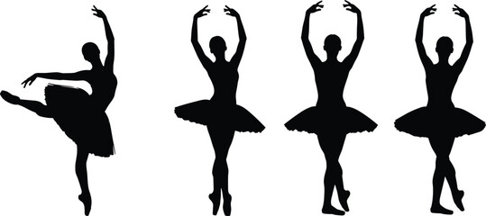 Elegant Ballet Dancer Silhouettes in Graceful Poses Wearing Tutus for Artistic Vector Illustration, Dance-Themed Design, and Stock Content Use
