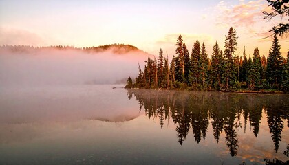 Fototapeta premium pine trees reflected in the still waters of a foggy lake at sunrise