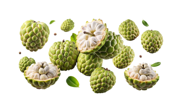Custard Apples in Various States of Fullness and Freshness on White Backdrop