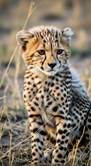 Fototapeta premium Alert cheetah cub with dramatic low-key lighting, golden spiral composition.