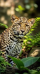 Obraz premium Contemplative leopard cub, low-angle, dappled sunlight, sharp detail.