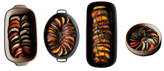 Colorful ratatouille arranged in multiple baking dishes on white background. Set    