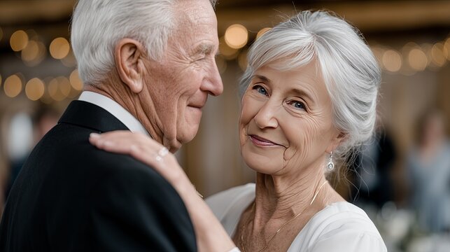 Elderly couple enjoying a romantic dance at a wedding celebration