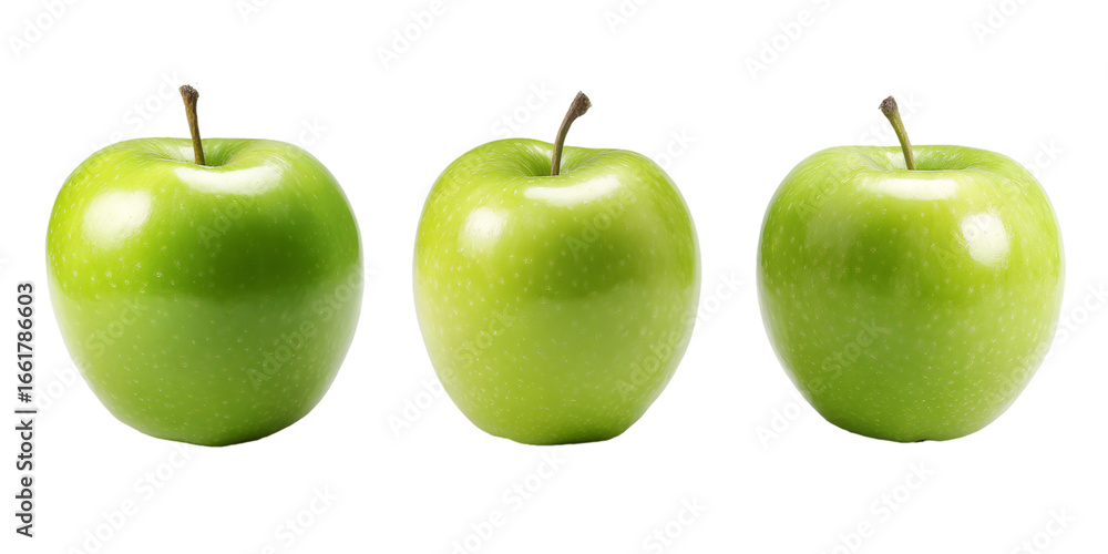 Poster showing three perfect green apples isolated on a transparent background, ready for compositing into 