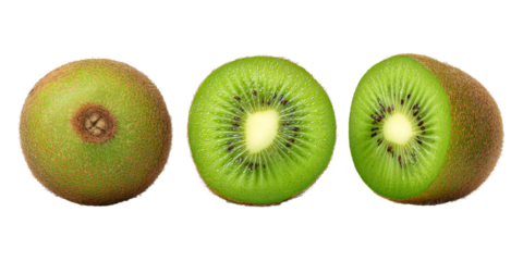 Ripe kiwi fruit displaying whole, halved, and circular slice, floating against transparent background