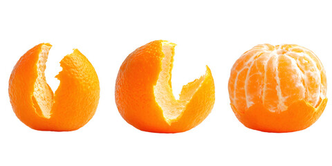 Tangerine fruit progression, revealing bright orange segments while gradually removing rind, displaying fresh citrus details against transparent backdrop