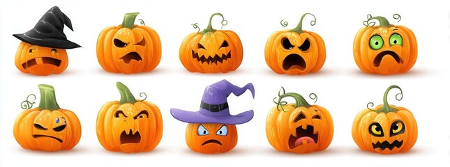 halloween pumpkins set with different emotions isolated on white background