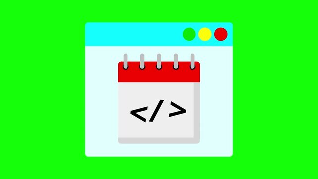 Calendar animation with programming language icons.