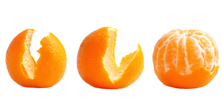 Tangerine fruit progression, revealing bright orange segments while gradually removing rind, displaying fresh citrus details against transparent backdrop