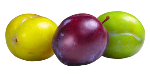 Close up of three plums showing vibrant yellow, red, and green colors, isolated on a transparent background