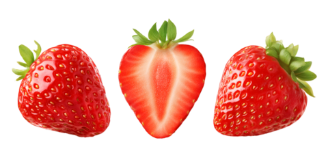Fresh strawberries displaying ripe red exterior and inner pulpy texture against clean transparent surface