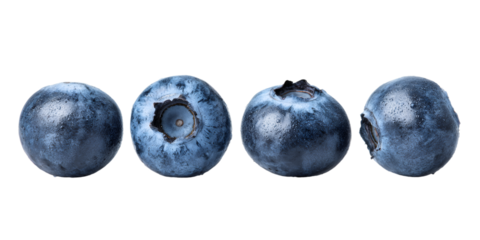 Ripe blueberries glistening with water droplets, reflecting natural freshness and deep blue color against transparent backdrop