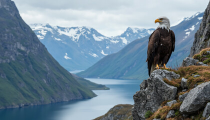 Bald Eagle Perched on Rocks with Mountain and Lake Background