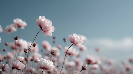 A vibrant meadow filled with daisies in full bloom, set against a clear blue sky on a bright day.
