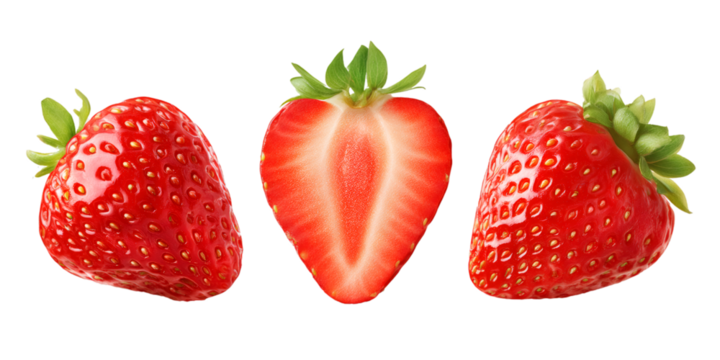 Fresh strawberries displaying ripe red exterior and inner pulpy texture against clean transparent surface