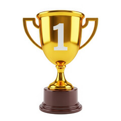 Golden first place trophy with number one symbol isolated on transparent background
