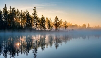 pine trees reflected in the still waters of a foggy lake at sunrise