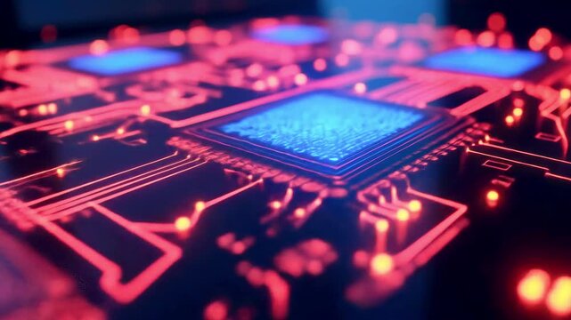 Close-up view of a futuristic circuit board with glowing blue chips and intricate red pathways