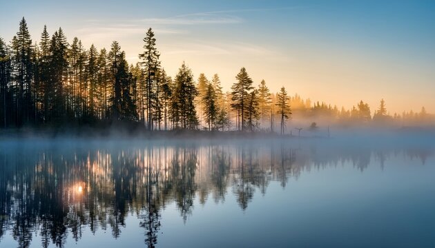 pine trees reflected in the still waters of a foggy lake at sunrise