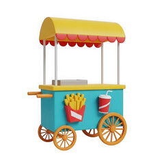 Brightly colored french fry food cart with yellow canopy and red accents isolated on transparent background