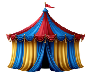 Colorful circus tent with red blue and yellow fabric festive flag on top draped curtains and gold tassels perfect for outdoor festival party or carnival event decoration