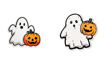 Halloween Ghost with Pumpkin Sticker – Creepy Vector with Thick Black Outline and Vibrant Colors Isolated on Transparent PNG Background