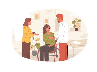 A woman in a wheelchair is warmly welcomed by her colleagues in a friendly office. This vector illustration symbolizes a positive, inclusive workplace where everyone contributes as equals