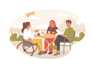 A group of friends, including a woman in a wheelchair, chatting at an outdoor cafe. Vector illustration represents social inclusion, friendship, and an accessible environment