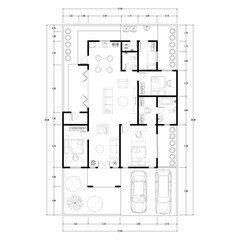 Black and White floor plan of a modern unfurnished house for your design. Suburban house vector blueprint. Architectural background.	