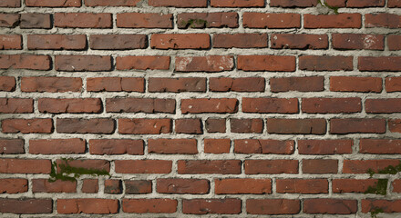 A textured red brick wall showcases weathered details and aged mortar, creating a rustic and organic background with hints of green moss adding a natural touch to the aged construction.