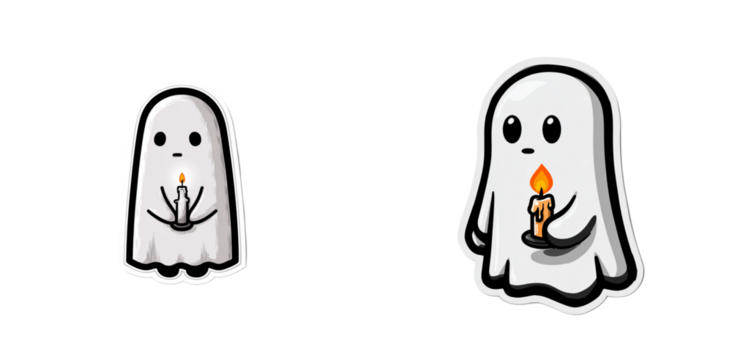 Cute Halloween Ghost Holding Candle Sticker – Creepy Vector with Thick Black Outline Isolated on Transparent PNG Background