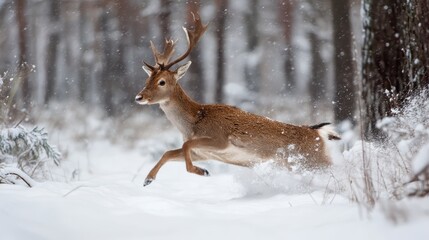 Cheerful Deer Leaping Through Snowy Forest Landscape in Winter