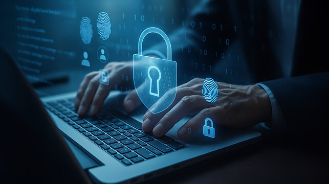 Close-up of hands typing on laptop keyboard with holographic padlock and cybersecurity icons, data protection and information security concept