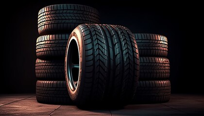 New tires pile on a dark background. Tire fitting background. stack of car tires