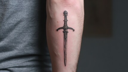 Obraz premium Detailed tattoo of a medieval sword inked on a person's forearm, showcasing intricate design.