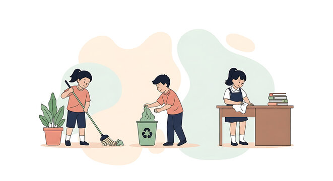 Children engaged in various recycling and cleaning tasks, demonstrating environmental responsibility.