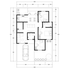 Black and White floor plan of a modern unfurnished house for your design. Suburban house vector blueprint. Architectural background.	